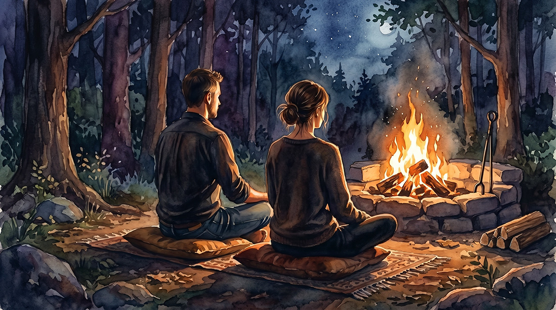 couple sitting by fire in the forest